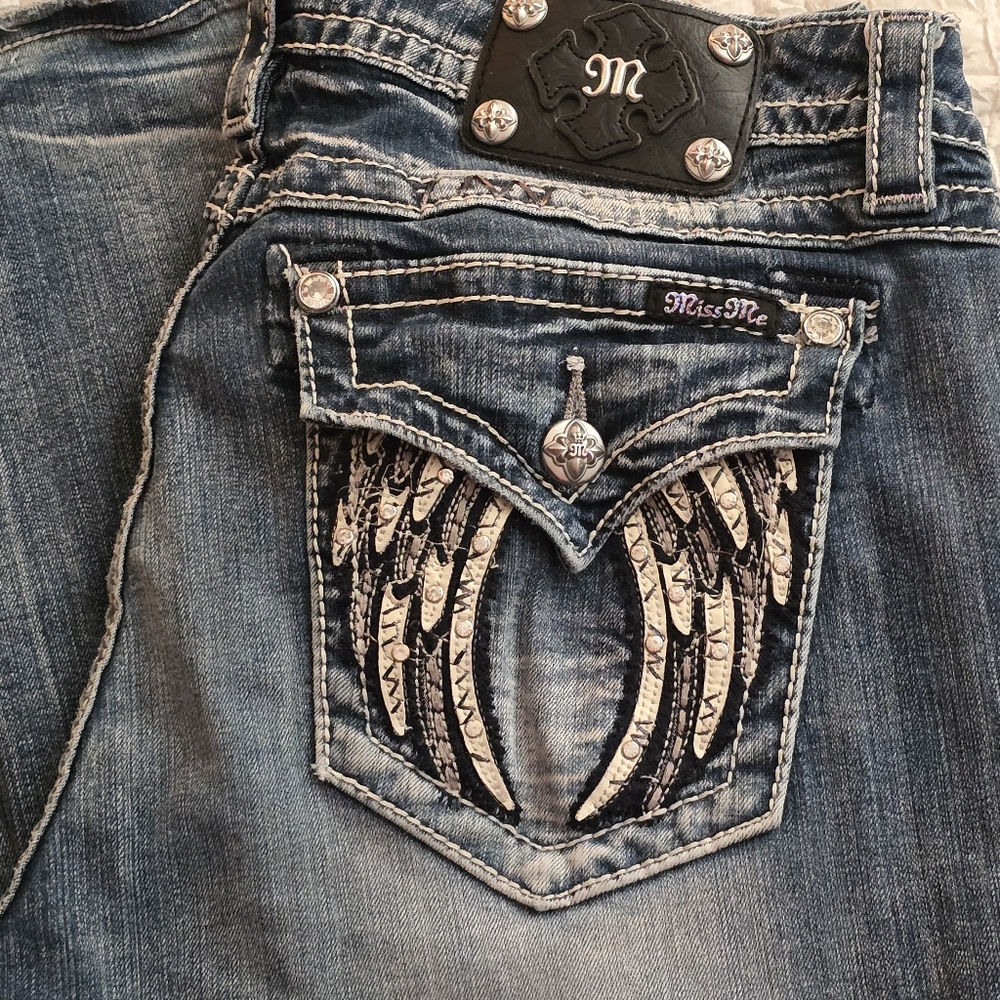 Miss Me Boot Cut Medium-Dark Wash Jeans with Ornate Stitching